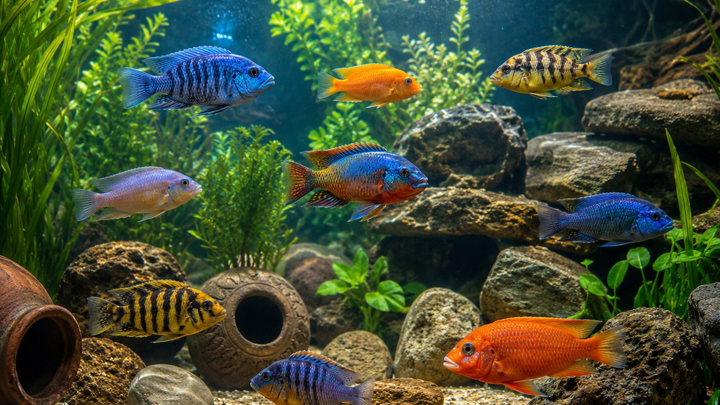 Photographic 55 gallon cichlid starter setup card with broad swimming space and structured rockwork