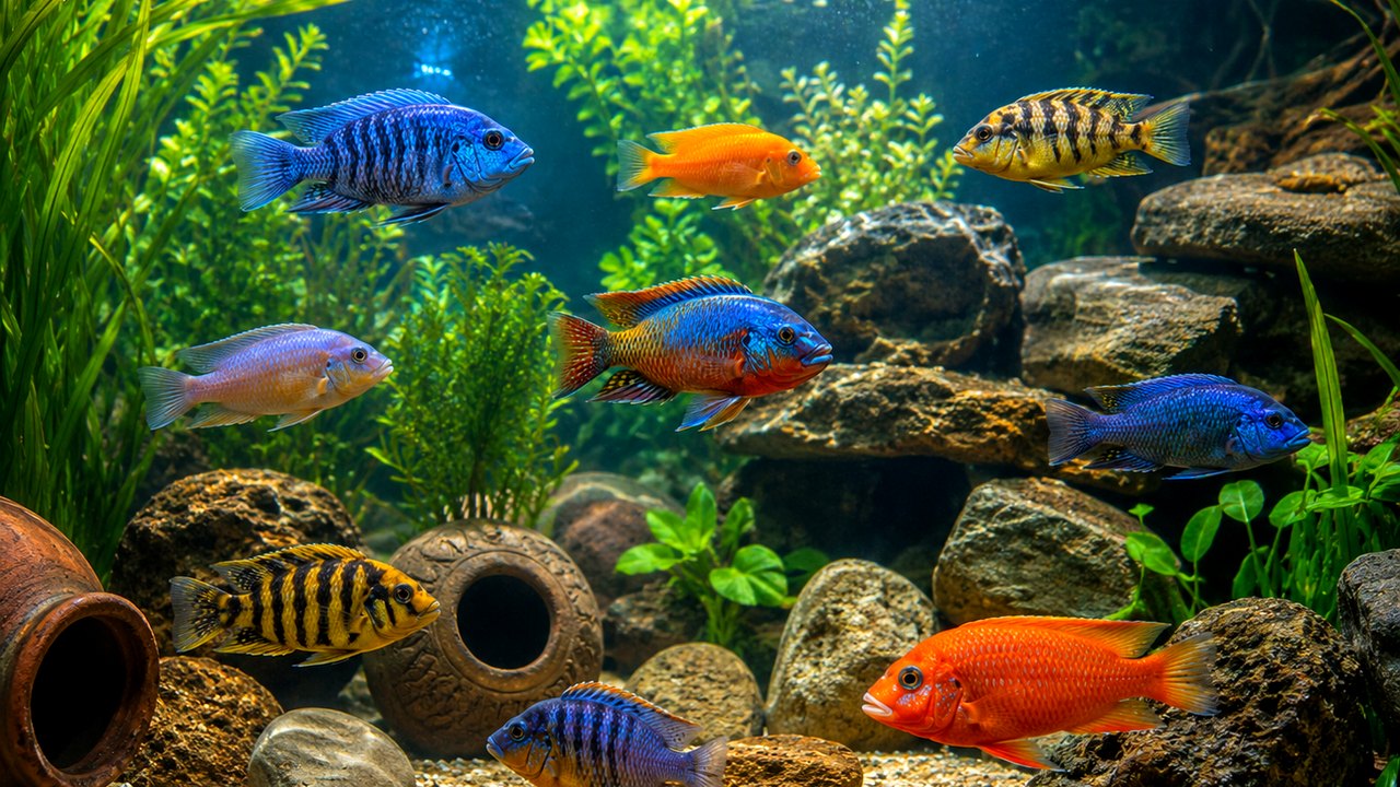 African cichlids in a display aquarium
