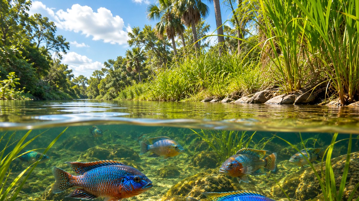 Photographic aquarium fish in Florida canals card showing colorful fish in a clear canal scene