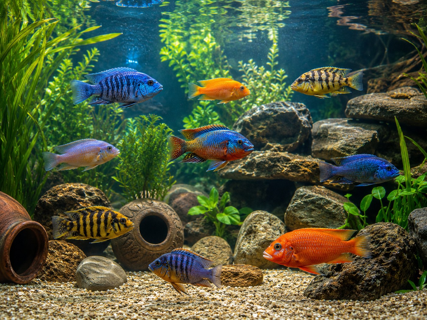 Photographic cichlid aquarium setup card showing a planted tank scene