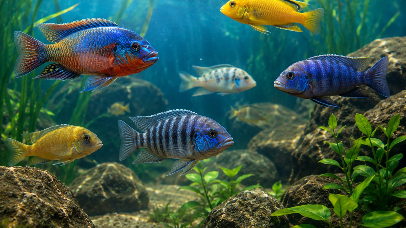 Photographic beginner cichlid tank setup card with clear water, rockwork, plants, and manageable fish spacing