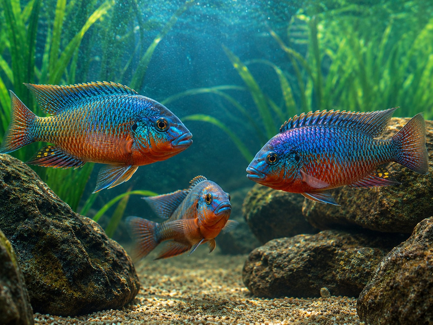 Photographic cichlid behavior card showing fish interaction around rocks