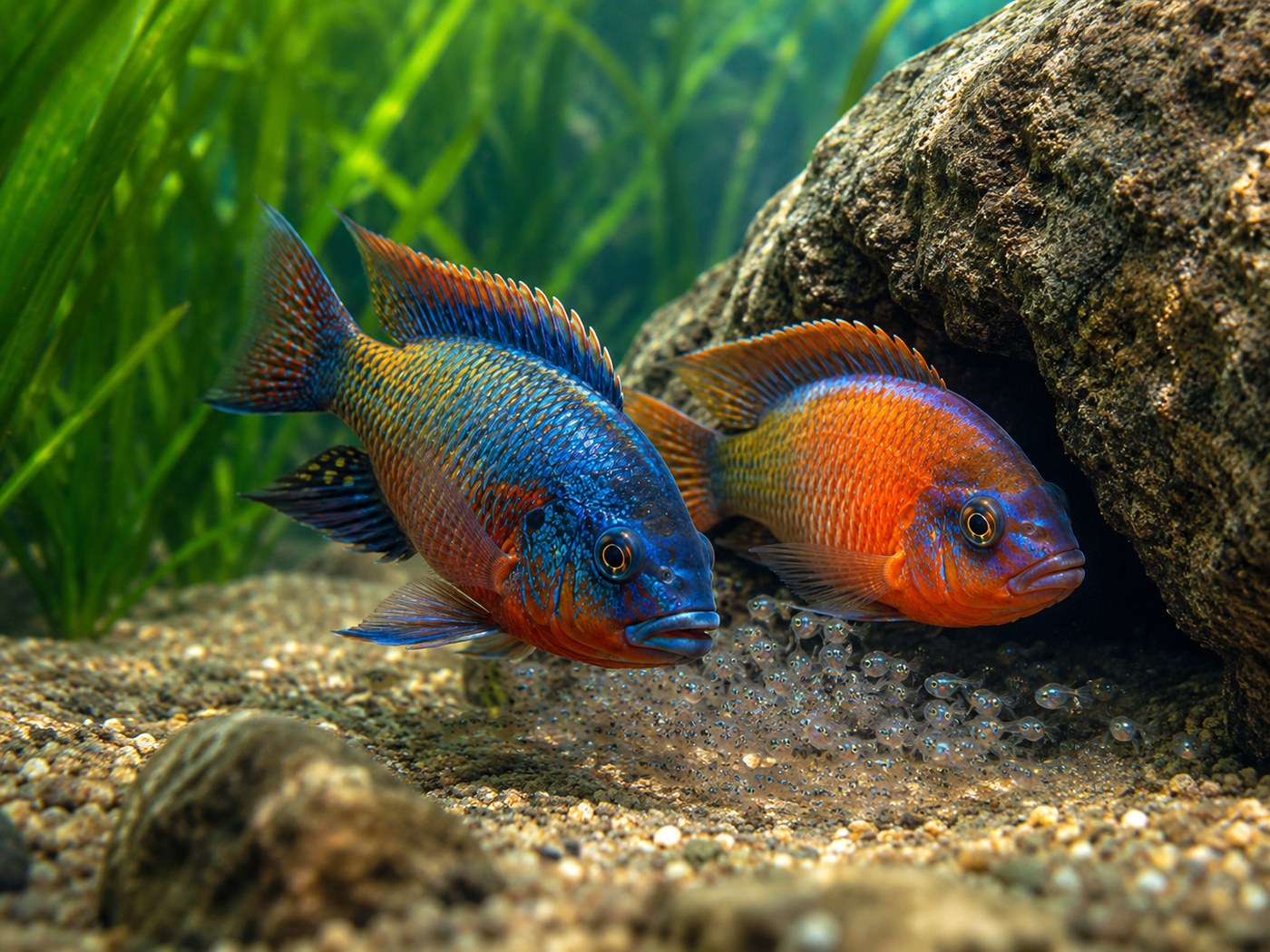 Photographic cichlid breeding card showing guarding adults and fry