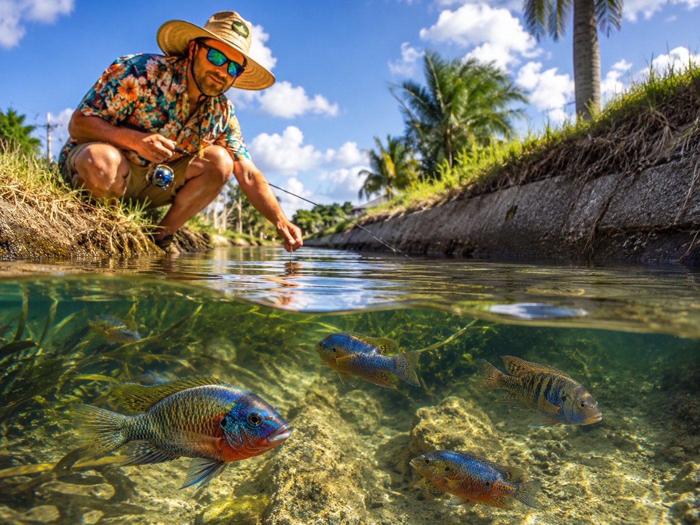 Photographic ditch fishing card showing a Florida canal angler above cichlids