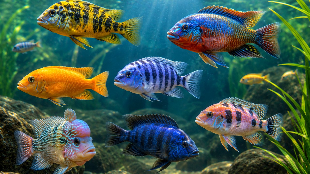Photographic choosing cichlid species card showing varied colorful cichlid options