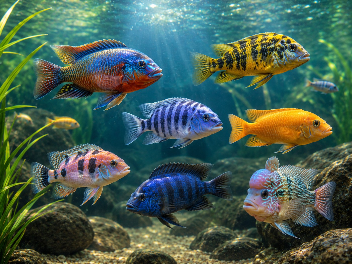 Photographic cichlid species card showing multiple colorful cichlids