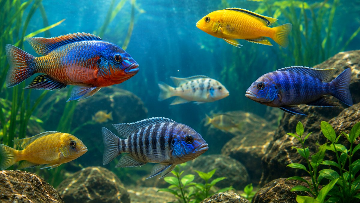 Photographic Cichlids Starter Pack card showing a calm beginner-friendly cichlid aquarium