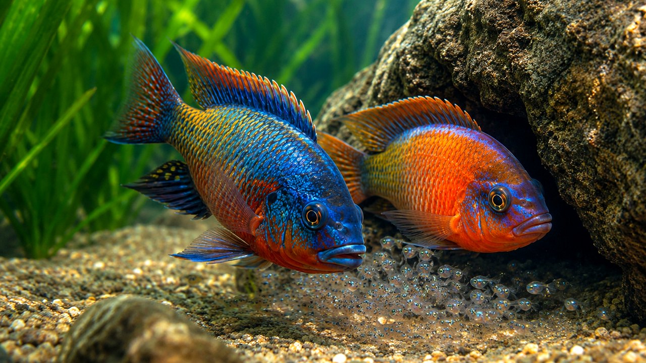 Photographic dwarf cichlids card showing smaller cichlids near plants and cover
