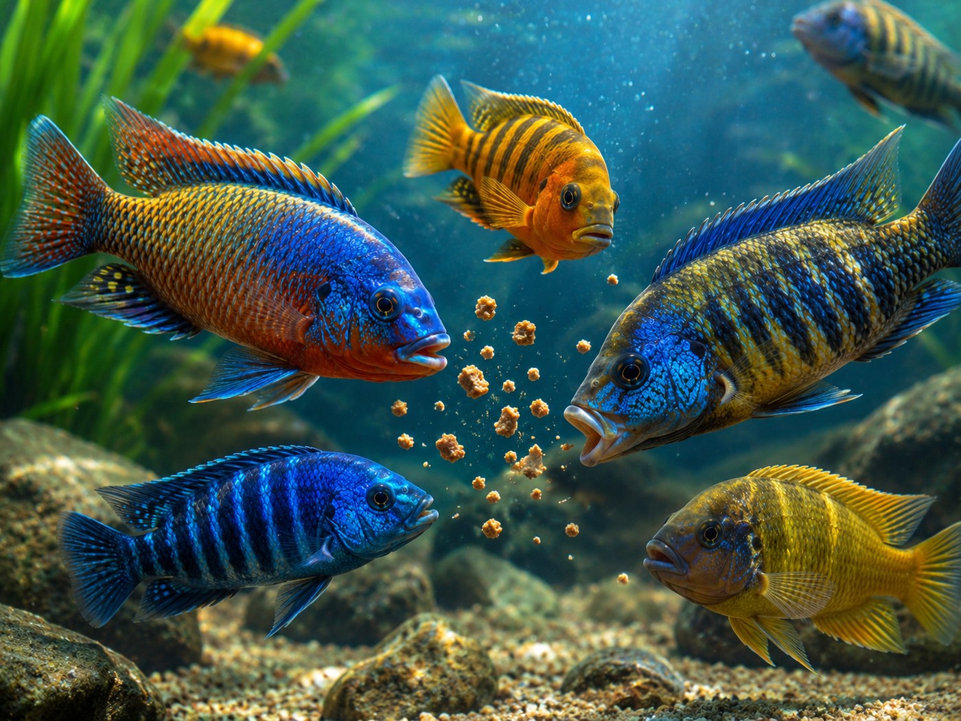 Photographic cichlid feeding card showing fish feeding underwater