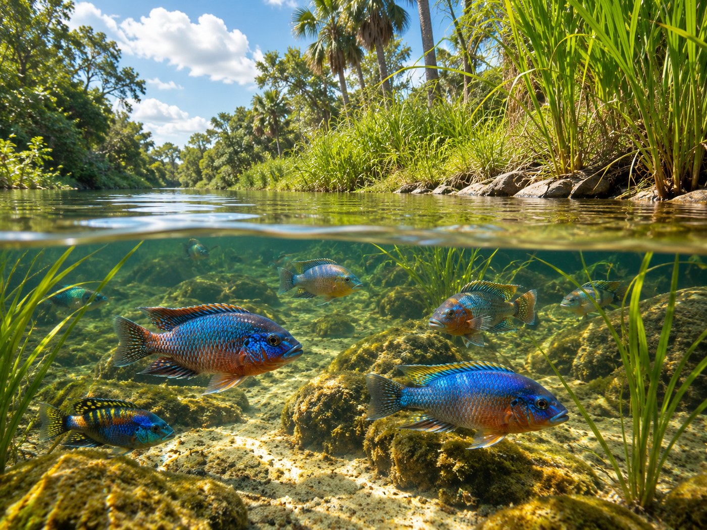 Florida canal cichlid fishing scene