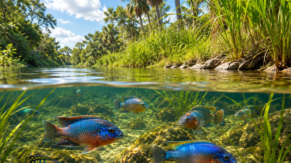 Photographic Florida cichlids card showing colorful fish in warm canal-style water