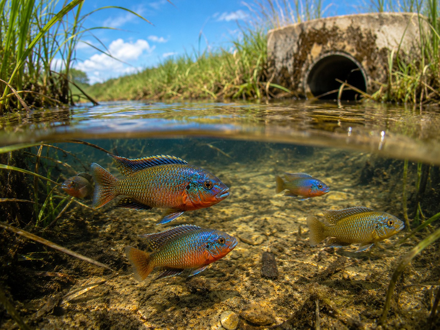 Photographic Florida ditch cichlid card showing fish below a roadside culvert