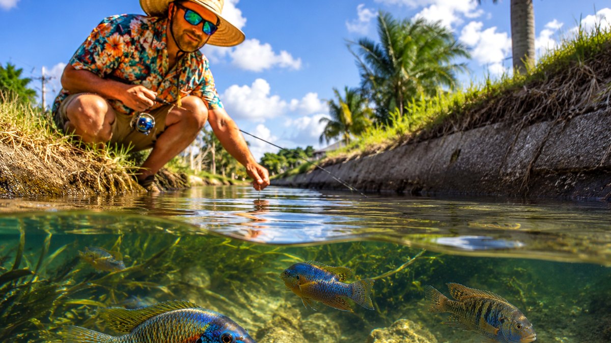 Photographic wild cichlid collection caution card showing fish below a Florida canal edge