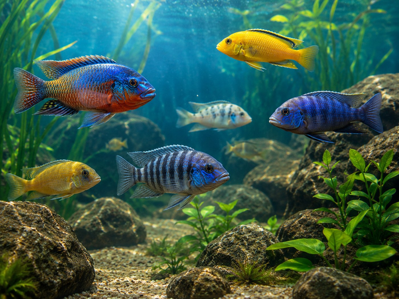 Photographic Cichlid.info learning hub card showing a clear planted cichlid habitat