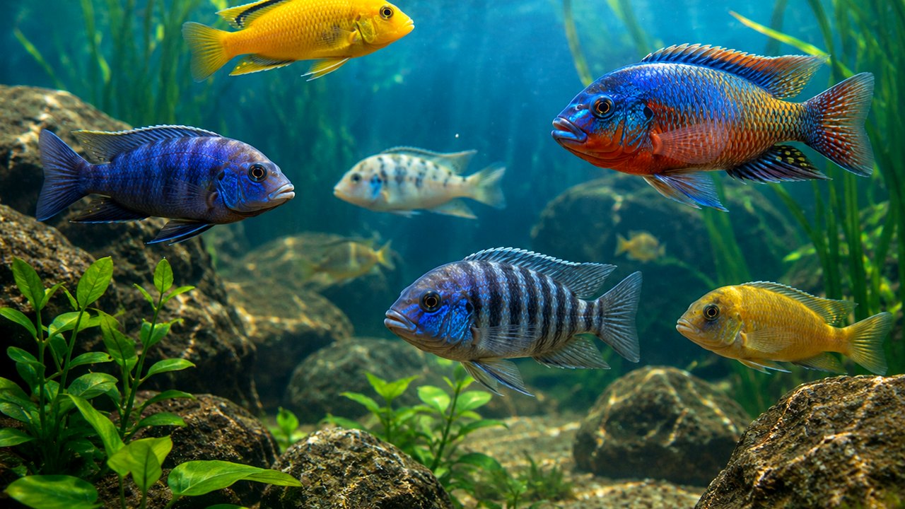 Photographic managing cichlid aggression card with line-of-sight breaks and calmer spacing