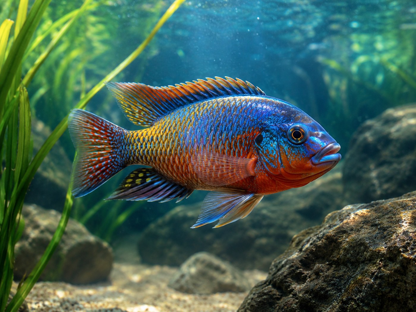 Photographic Mayan cichlid card showing a vivid single fish in habitat