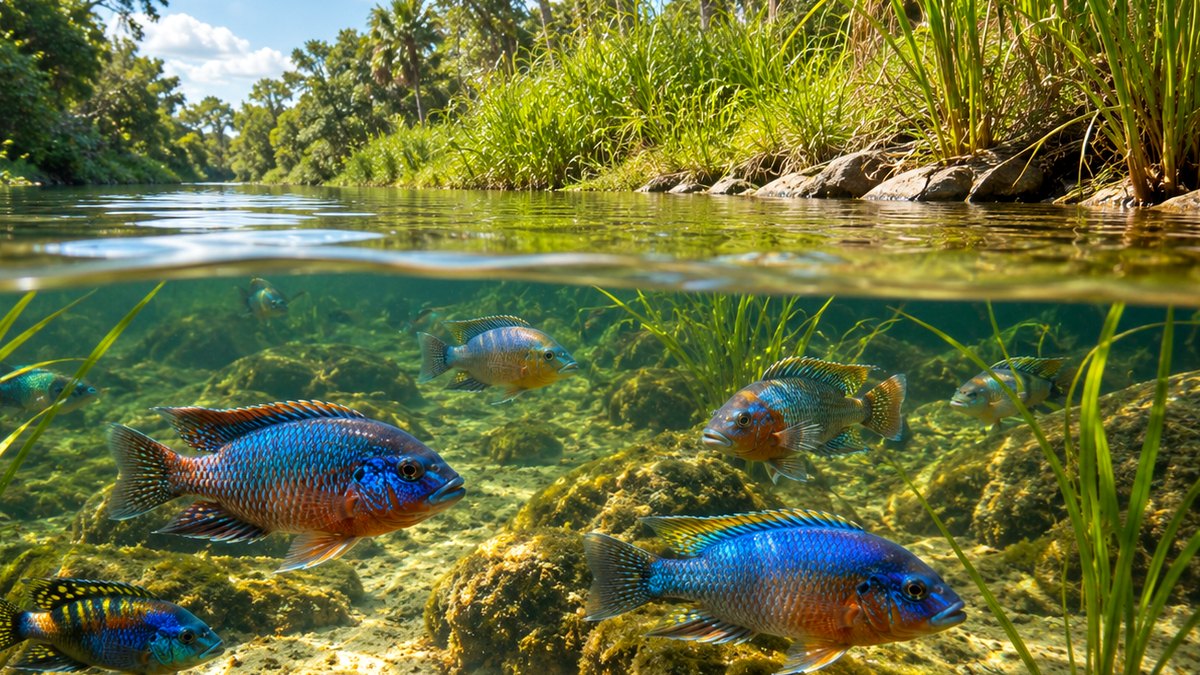 Photographic nonnative fish in Florida card showing colorful fish in warm connected water