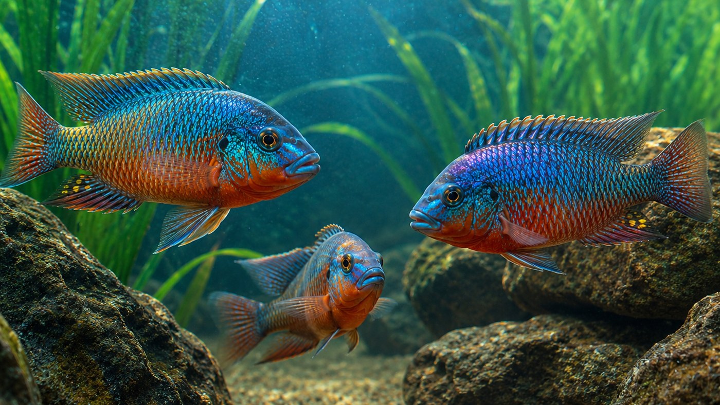 Photographic cichlid behavior card showing a territorial standoff near rocks