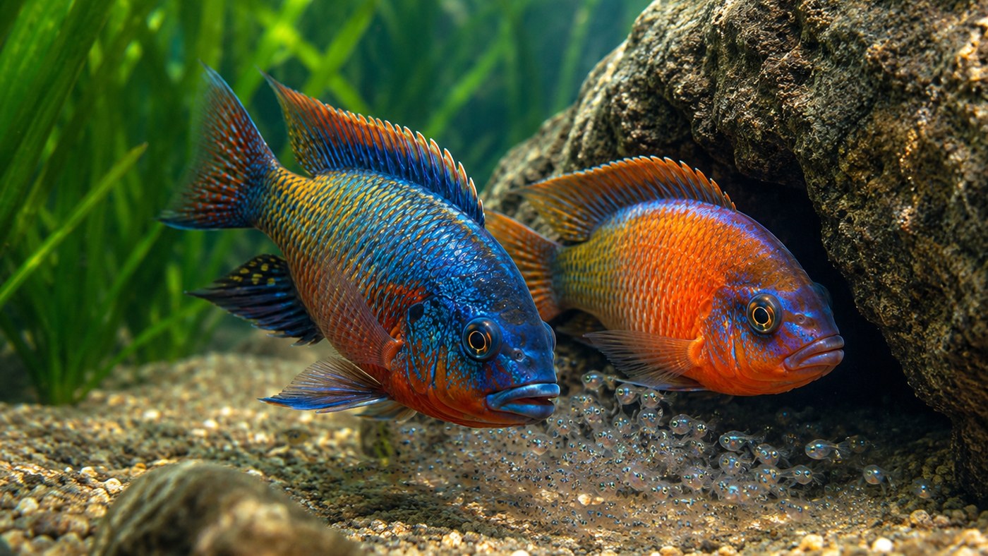 Photographic cichlid breeding and fry care card with adult fish guarding young near rockwork