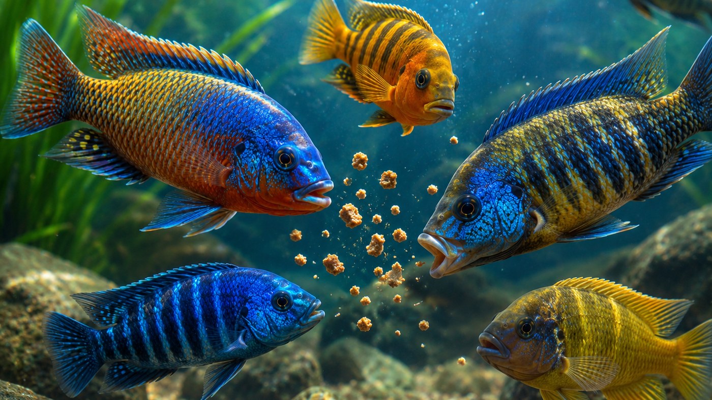 Photographic cichlid feeding card with colorful fish gathering around food