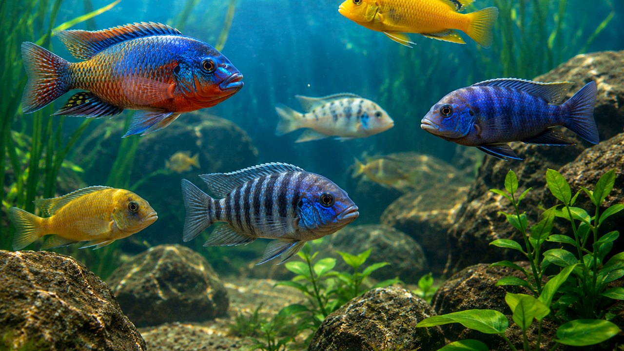 Photographic South American cichlids card showing a warmer planted river-style aquarium