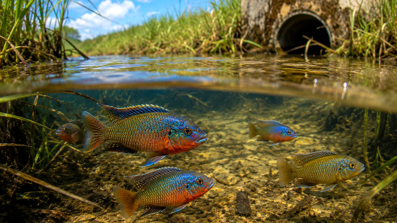 Photographic tank mates for cichlids card showing fish with space and structure