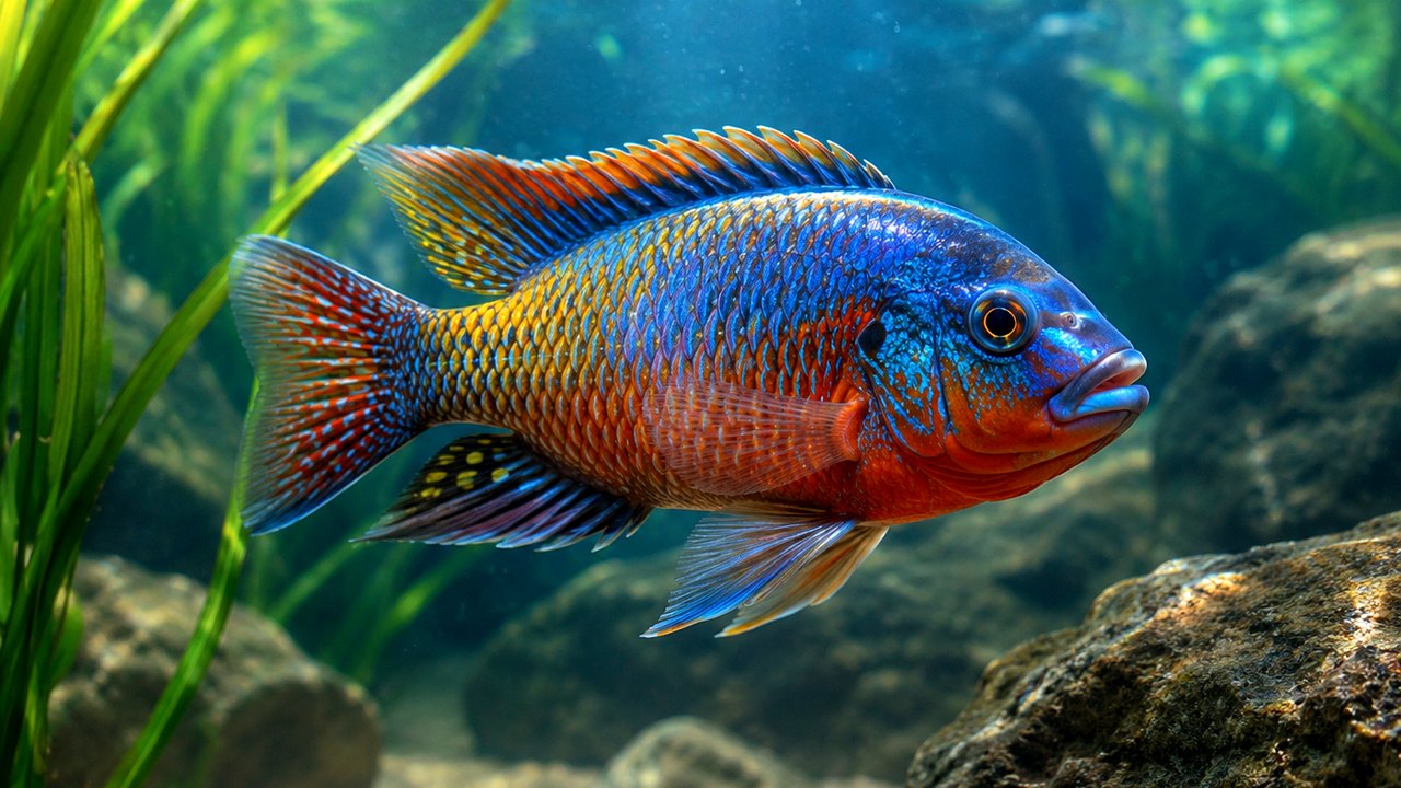 Photographic territorial behavior card showing a cichlid guarding a rocky territory