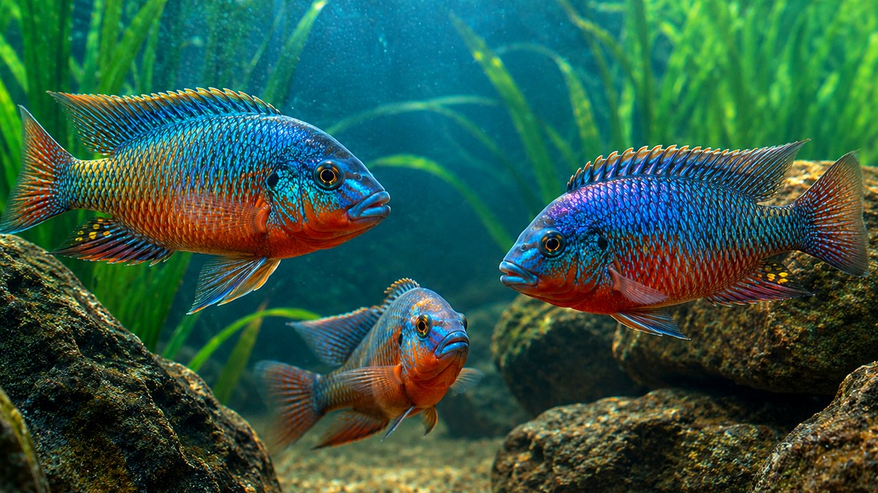 Photographic why cichlids fight card showing a tense cichlid standoff without injury