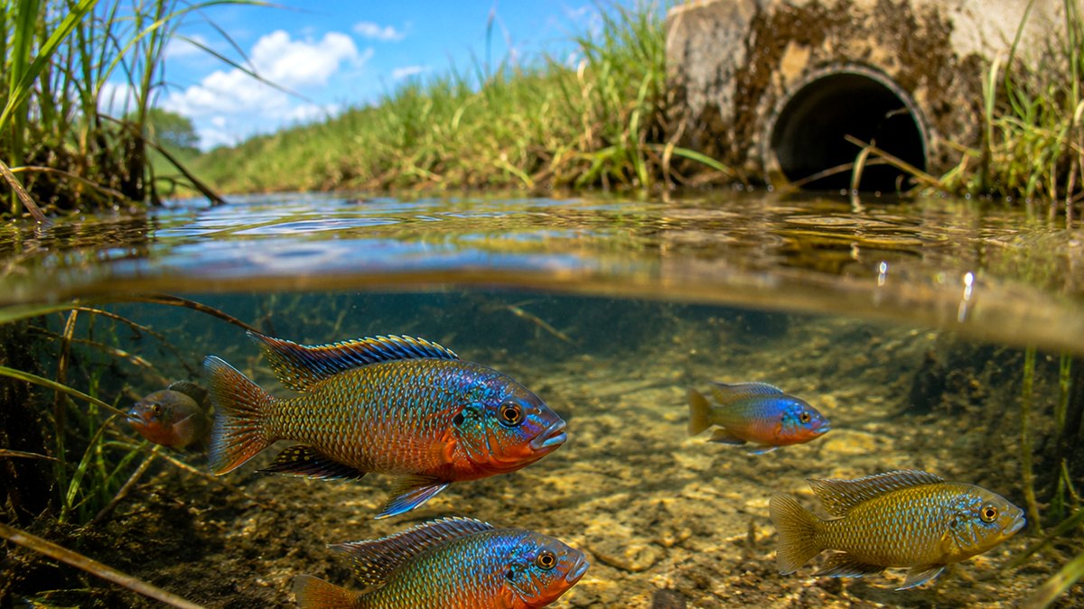 Photographic wild cichlids in Florida card showing vivid fish in naturalized freshwater habitat